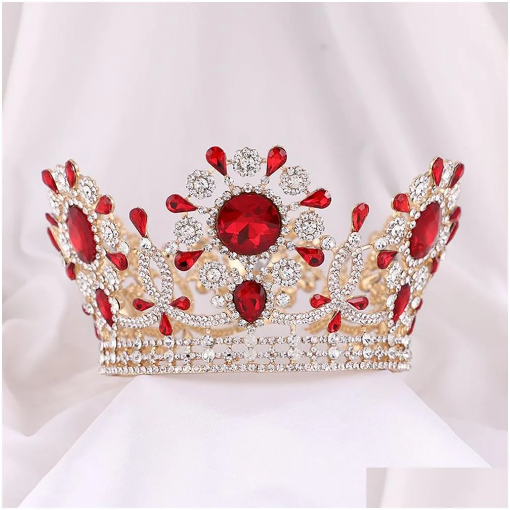 Cabeça de cabeça Red Zircon Crown Bridal Gold Personalizado FL Casamento Round Round Retro Europeu Diamante Shining Luxury Grand Drop Delivery Dhuoi