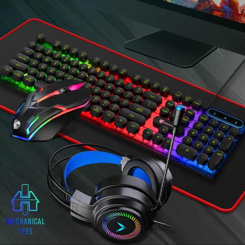 Combos Gaming Keyboard e Mouse Retro Punk Ergonômico Rainbow Backlit Teclado Respirável Light Mouse Headset 4in1 Gamer Set para Gamer