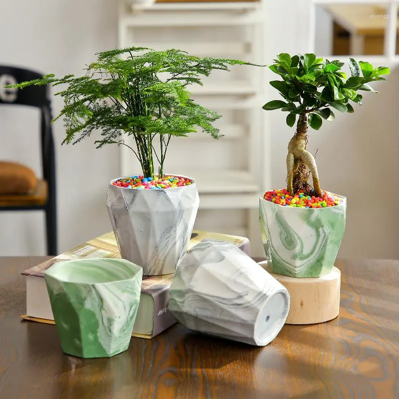 Vasen, kreativer fleischiger Blumentopf aus Keramik, einfache Gartenarbeit in Nordeuropa, Marmormuster, kleine grüne Pflanzen im Topf