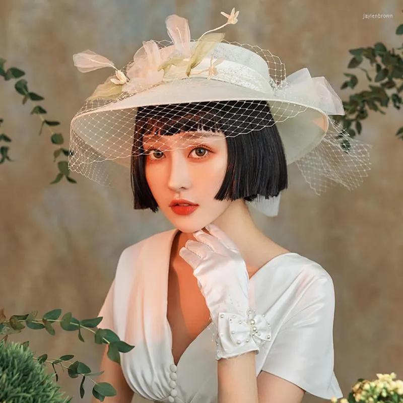 Headpieces White Wedding Hats For Women Flat Top Bow Hat Bridal Autumn Winter Vintage Ladies Wide Brim Headwear Felt