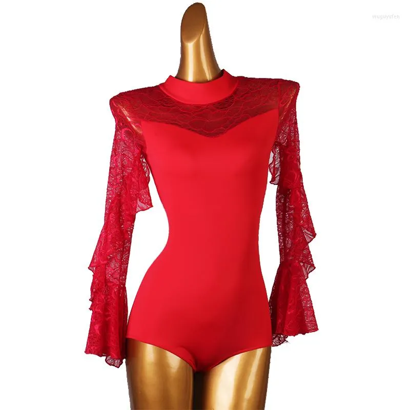 Red Lace Split Joint Long Sleeve Latin Dance Leotard for Women