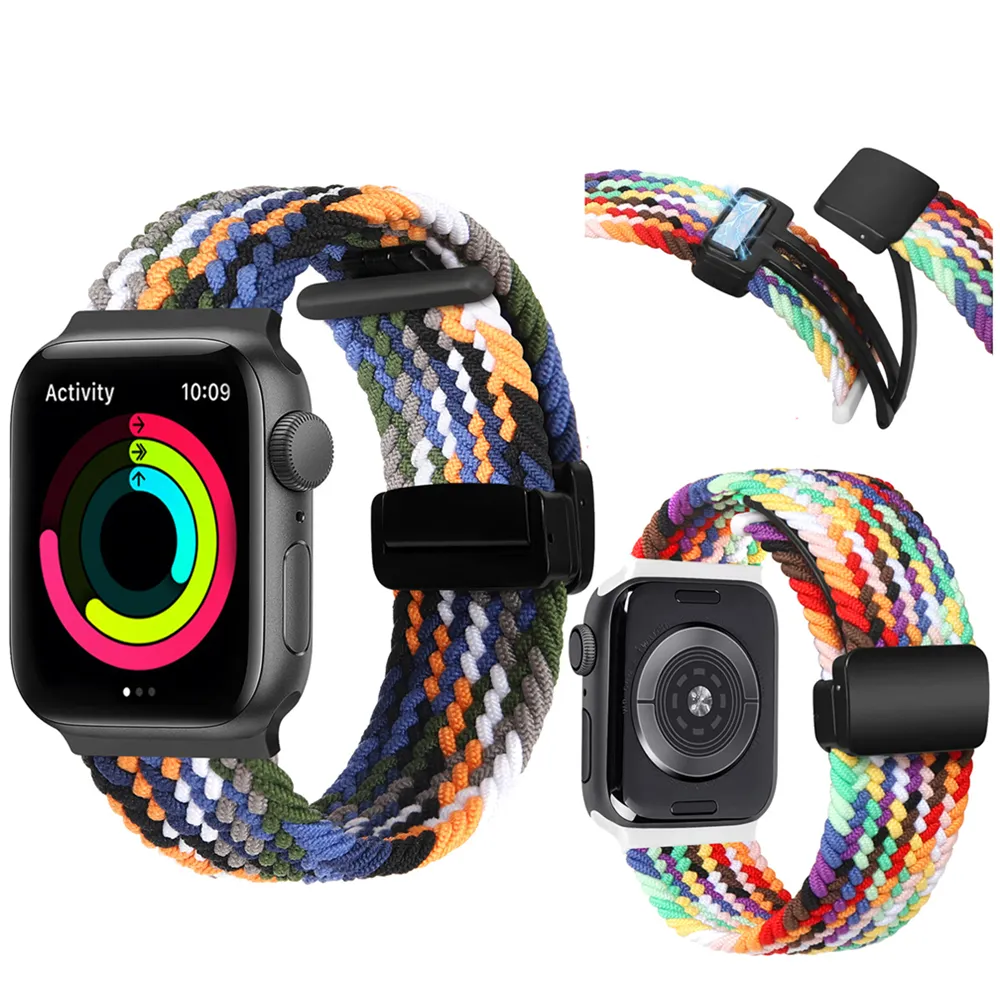 Cinturino con cinturini intelligenti Cinturino regolabile in nylon intrecciato con cinturino arcobaleno Fibbia pieghevole Cinturini magnetici per Apple Watch Series 2 3 4 5 6 7 8 Ultra iWatch 49mm 45mm 41mm