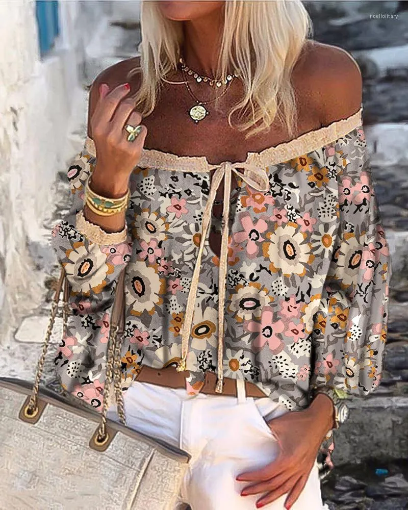 Blusas De Mujer Verano Mujer Moda Tallas Grandes Blusa Casual Camisas Sueltas Ropa Manga Larga Vintage Estampado Floral Fuera Del Hombro Volante Dobladillo De 17 65 DHgate