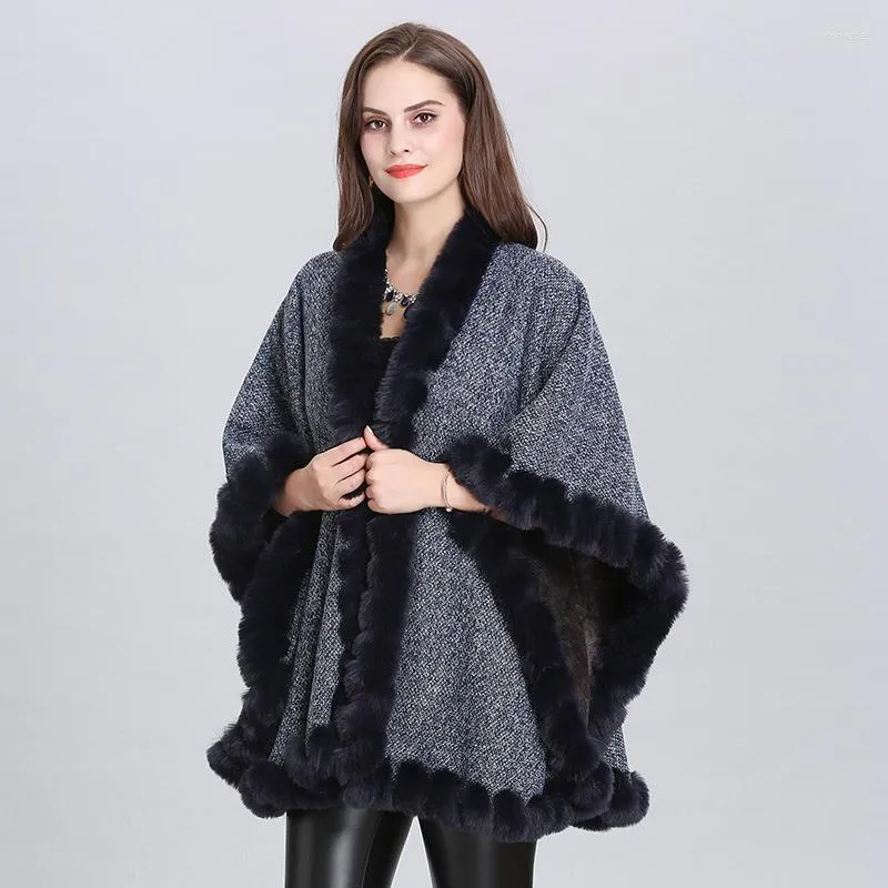 Scarves 2023 Plus Velvet Poncho Women Faux Fur Collar Cape Big Pendulum Dovetail Cardigan Winter Cloak Knitted Warm Thick Coat