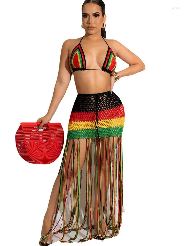 Work Dresses Szkzk Summer Weave Two Piece Set Crop Top Lace Up And Fringed Skirt Women Contrasting Colors Seaside Beach Style Bikini Suit