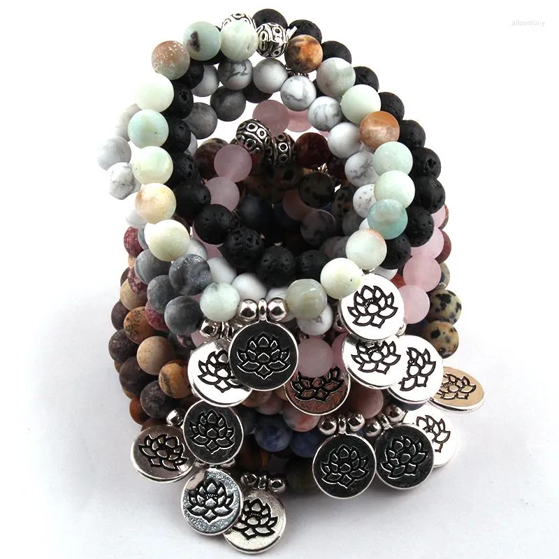 Bracelets porte-bonheur mode belle 8mm pierre naturelle poignet Mala Lotus/OM/bouddha Yoga Bracelet 30 pc/lot