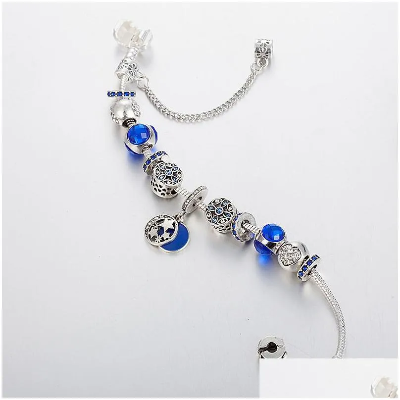 fashion blue charm pendant bracelet for jewelry silver plated diy star moon beaded bracelet with box