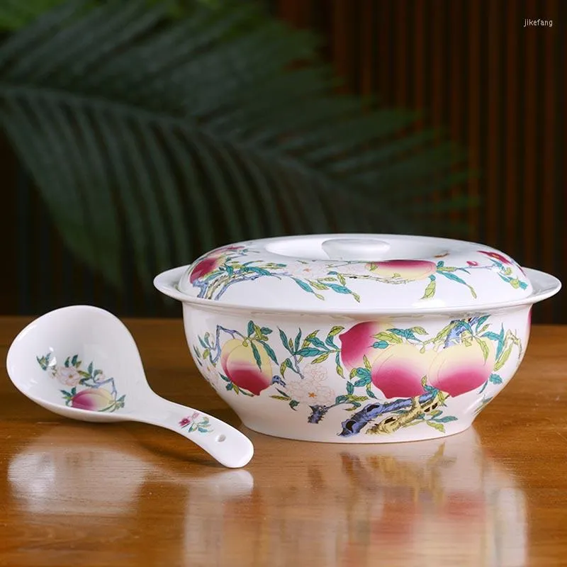 Bowls Chinese Large Capacity Soup Bowl With Lid Spoon Jingdezhen Ceramic Household Bone China Tableware Porcelain Container