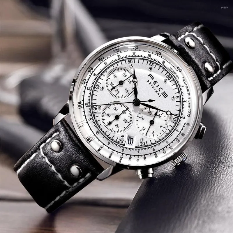 Polshorloges Feice lederen chronograaf waterdichte sportkwarts horloge voor mannen luxe casual pols mode datum horloges