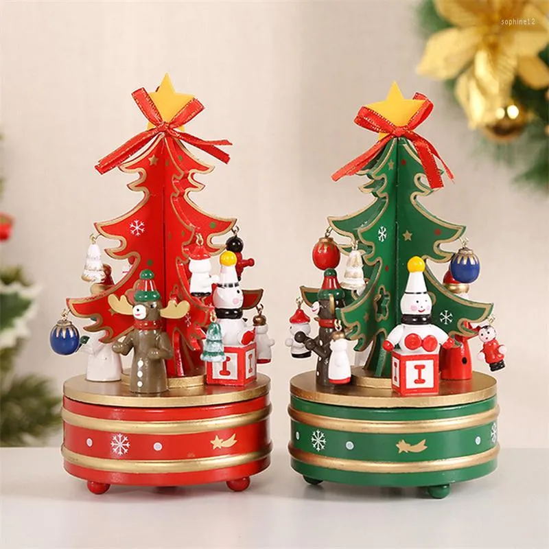 Christmas Decorations Wooden Tree Music Box With Spinning Musical Ornaments Creative Figurine Toy Gift Desktop Tab