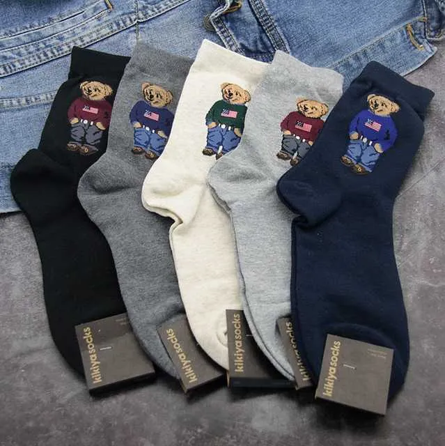 Männer Socken Mix 5 Farben Baumwolle Herbst Atmungsaktive Skateboard Glückliche Männer Winter Cartoon Bär Mid Tube Für Weihnachten Geschenk A1