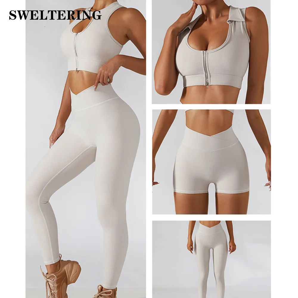 Tuta da yoga con cerniera sul petto Tuta da yoga Tute da donna Senza cuciture Abbigliamento da allenamento in palestra 2 pezzi Abbigliamento sportivo sexy Leggings a vita alta Reggiseno sportivo Set 230526