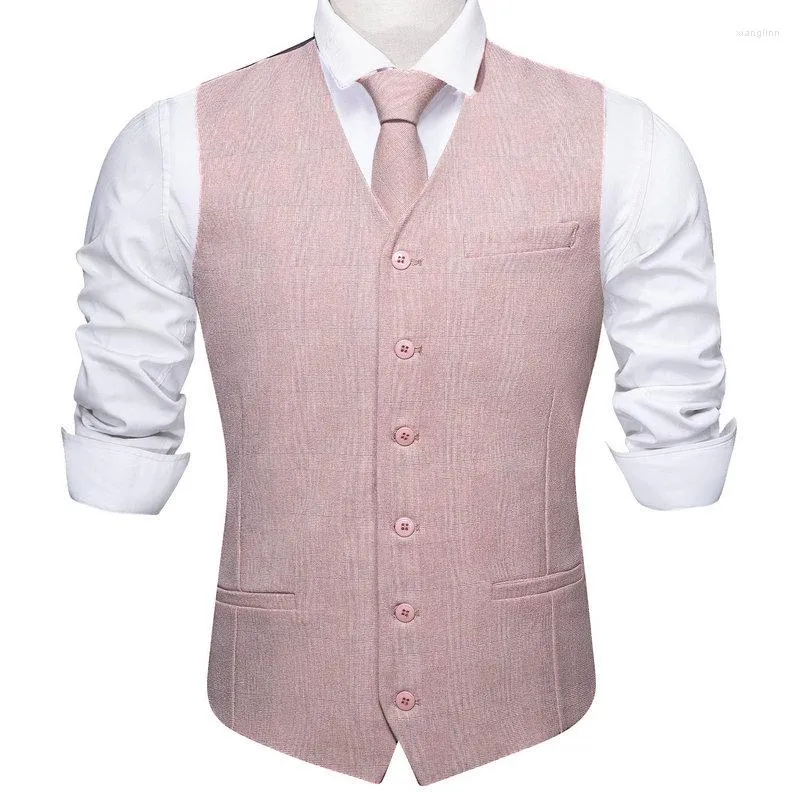 Mäns västar Silk Mens Vest Pink Solid Blue Black Brown Plaid V-hals Waistcoat Slipsarduk Manschettknappar Set Wedding Business Barry.Wang