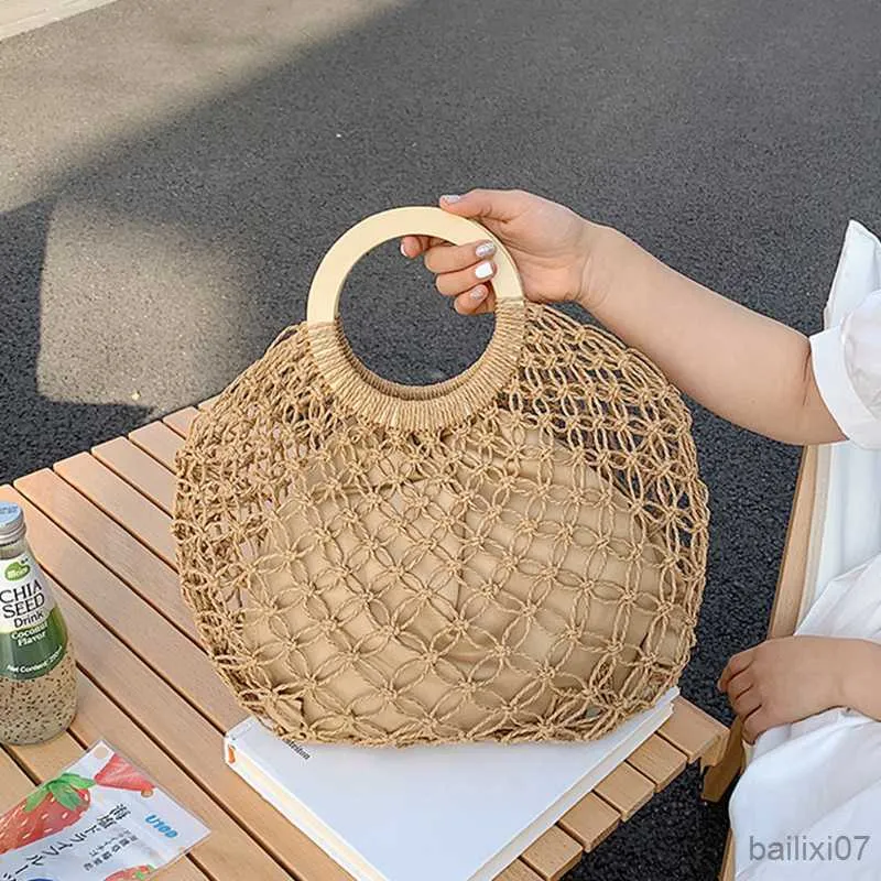 Outras bolsas Bolsa de palha de verão Gotes de madeira Bolsa de grande capacidade Bolsa de praia Férias Bolsa de rede Hollo