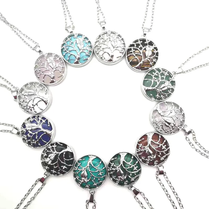 Halskette mit Anhänger aus Naturstein, Eulen-Lebensbaum, Kristallstein-Halskette, Modeaccessoires