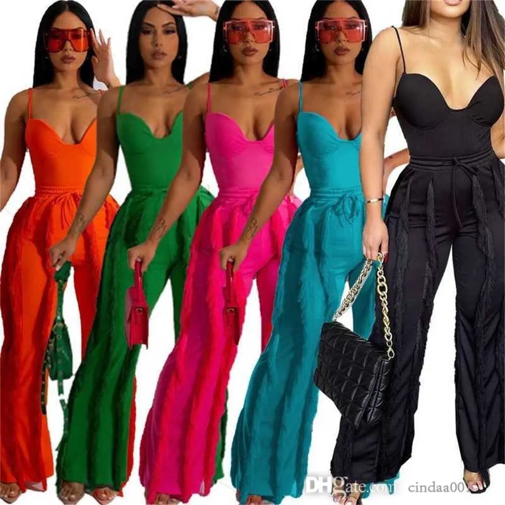 Kvinnliga kläddesignerspårbyxor Pants Sexig bogserpiece Set 2023 Nya damer Solid Color Sling Sleeveless Top Tassel Trousers Suit 5 Färger