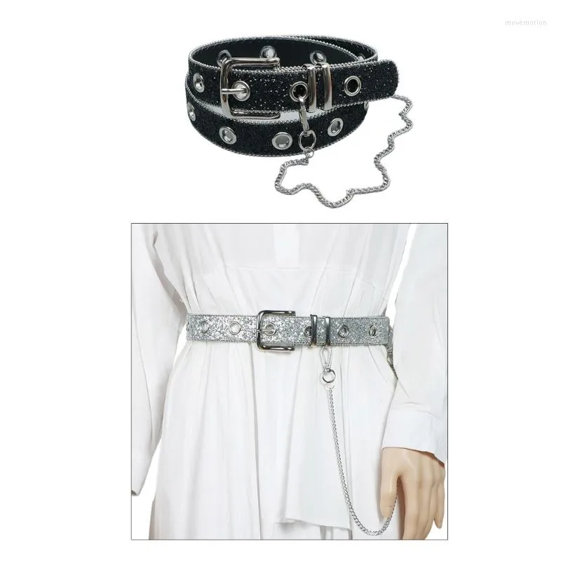 Belts Women Leather Faux Leathers Sparkly Belt 1.3" Wide With Detachable Chain