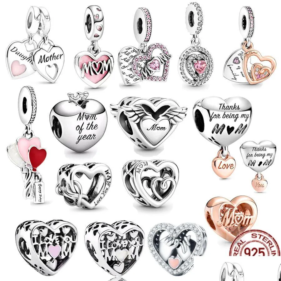 Charms 925 Sterling Sier Love You Mom Double Heart Split Dangle Charm Beads Fit Original Pandora Bracelet Diy Women Jewelry Gift Dro Dhbnx