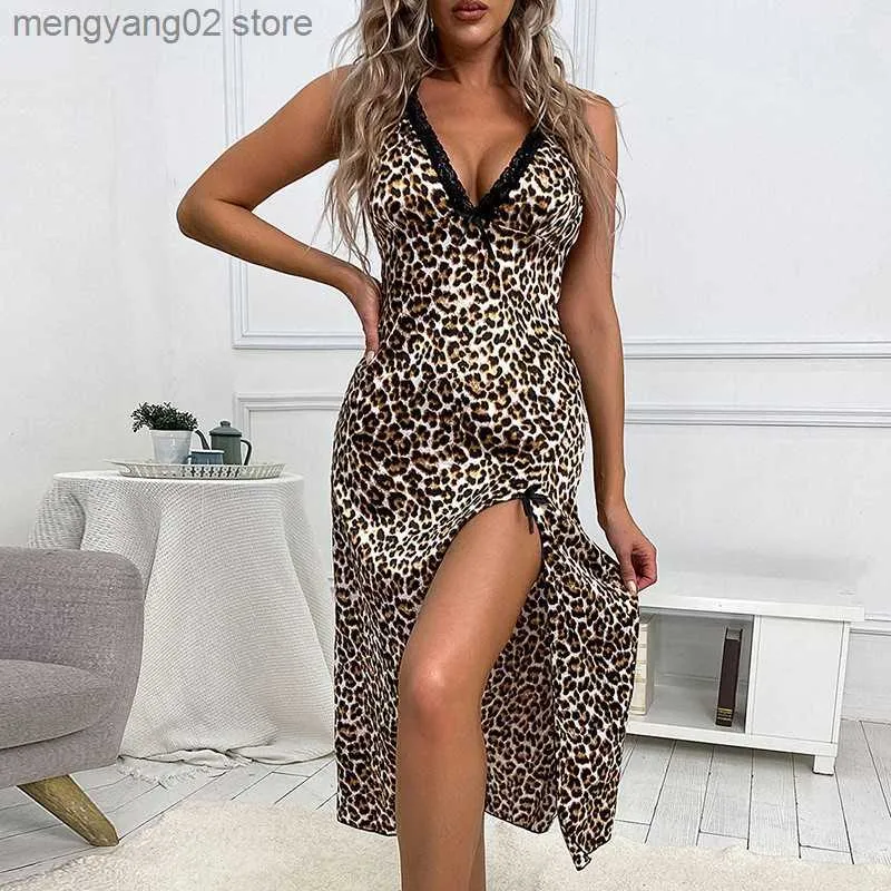 Sexig pyjamas qsrocio kvinnors pyjamas sexig djup v leopard slits sömndress faux siden fritid spetsar långklänning hemkläder nattkläder femme t230529