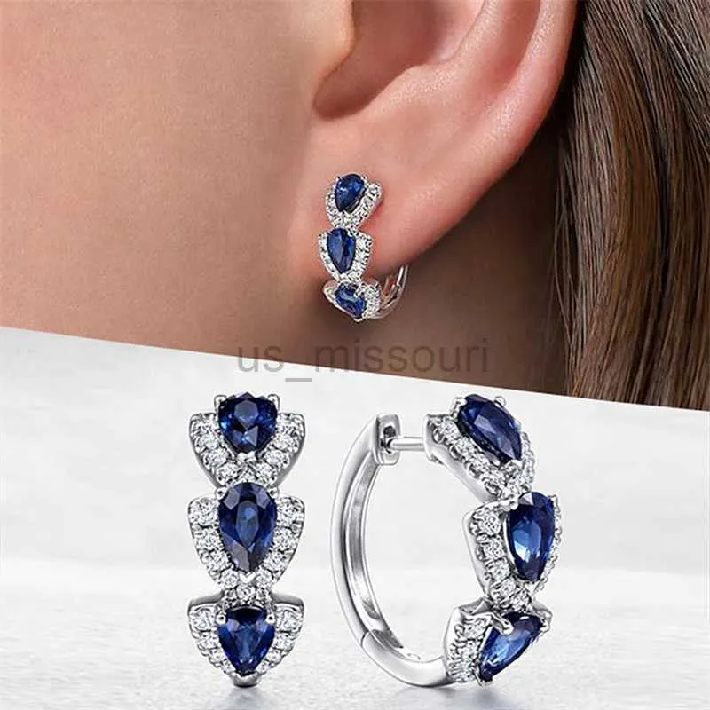 Stud Huitan Luxury Trendy Blue Cubic Zirconia Hoop Earrings Wedding Party Elegant Accessoarer for Women Jubileum Present Nya smycken J230529