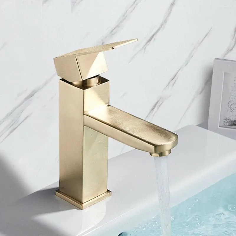 Robinets de lavabo de salle de bain carré doré 304 robinet de bassin en acier inoxydable maison El robinet d'eau froide monté sur le pont