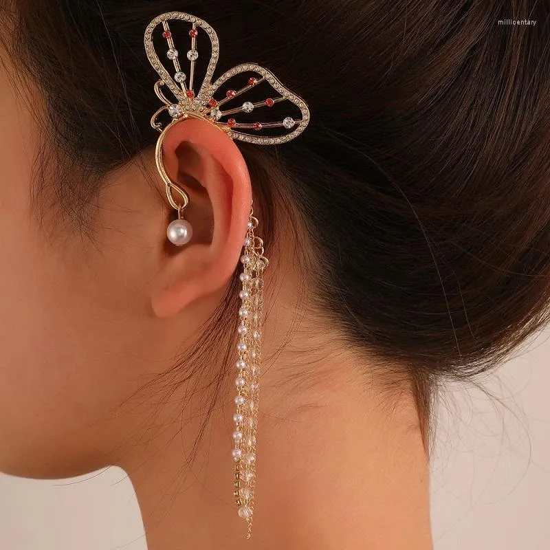 Dingle örhängen trendig elegant fjäril öron manschetter för kvinnor kristall simulerad pärla tassel dropp mode smycken