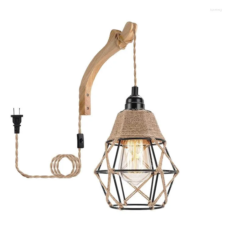 Wall Lamp Rural Triangle Solid Wood Rope Pendant With Wrought Iorn Cage Shade E27 LED Edison Bulb Sconce