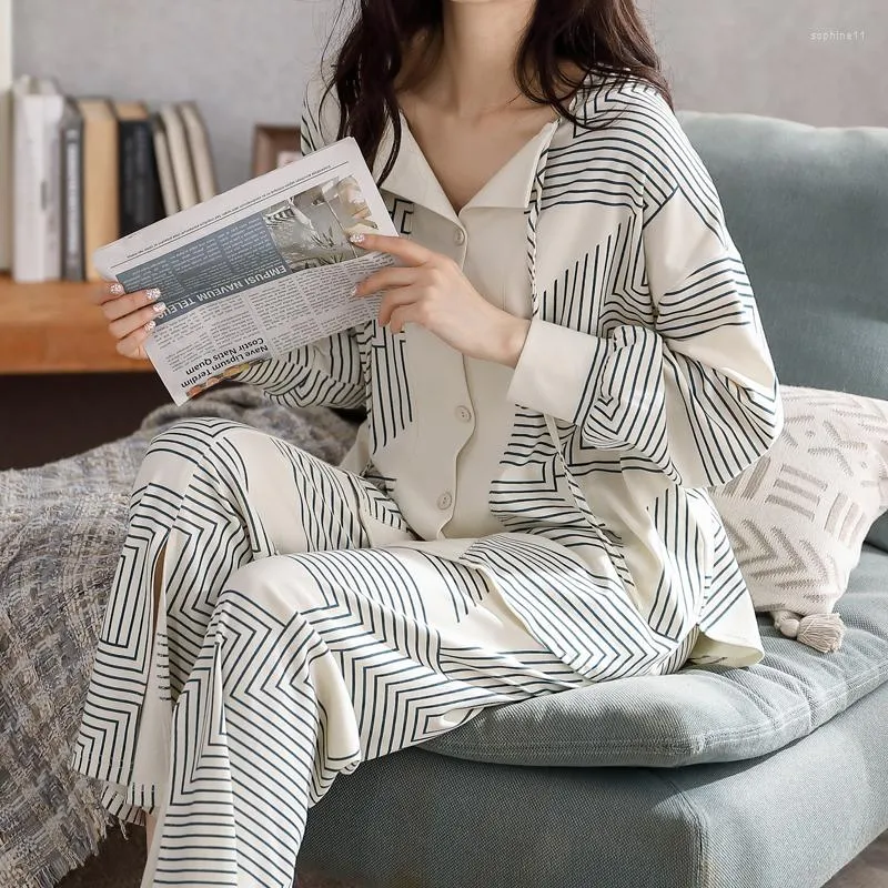 Bohemian Striped Print Cotton Womens Pajama Set Autumn Linen