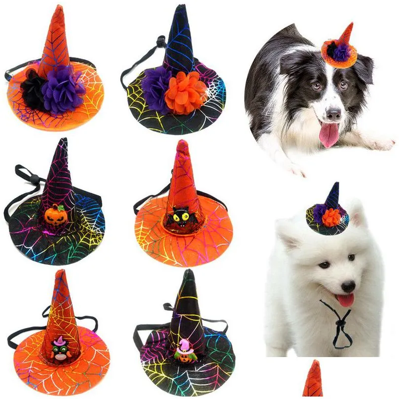 Chien Vêtements Halloween Animaux Chapeau Noir Orange Fleur Citrouille Sorcière Chat Partie Décoratif Réglable Chiot Ornement Drop Delivery Accueil G Dhxko