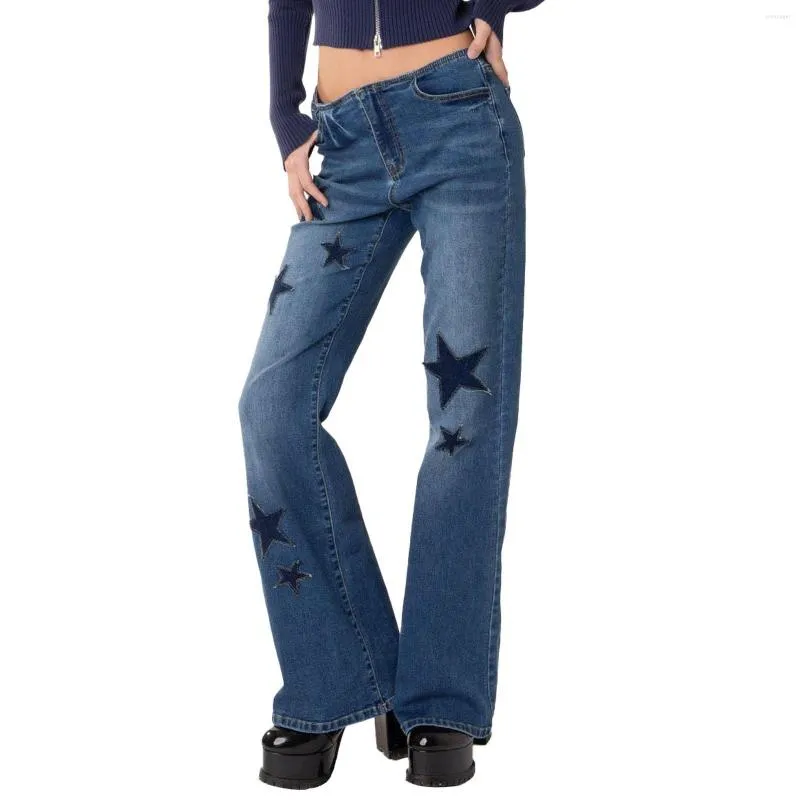 Damesjeans American Street Retro Style Women Flared Denim Pants Casual Star Patchwork Rettery Bell Bottom Pockets for Streetwear