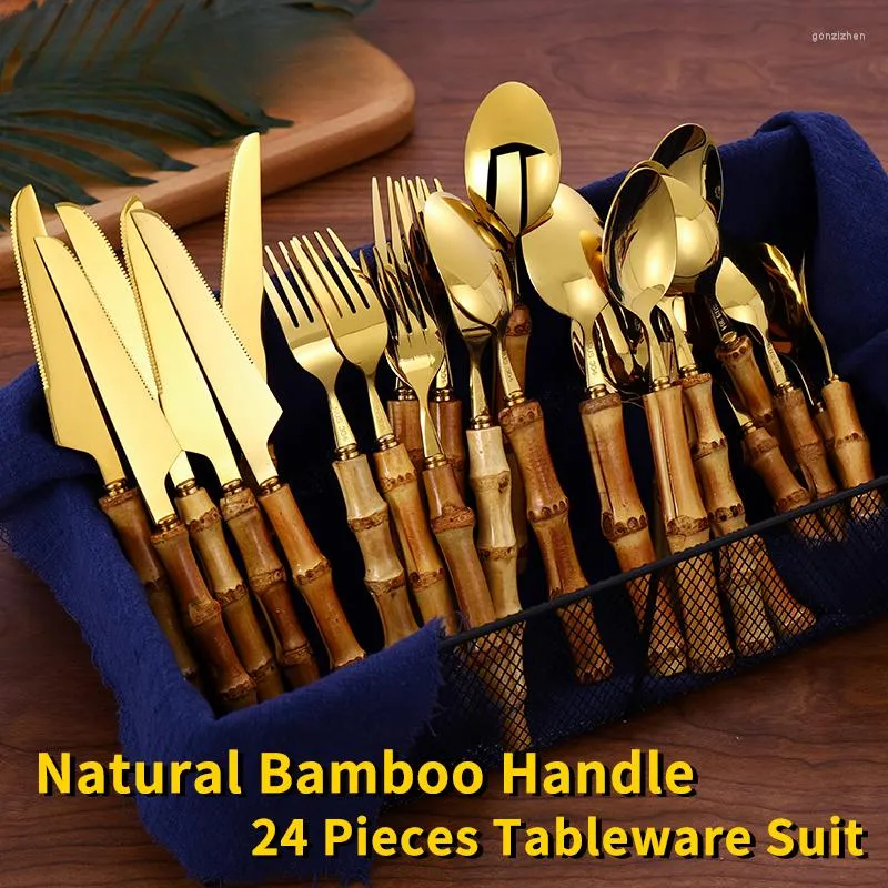 Geschirr-Sets, 24-teilig, Original-Natur-Bambusgriff, Besteck, Edelstahl, Messer, Gabel, Löffel, rein natürliches Geschirr-Set