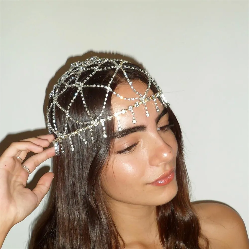 Maille strass chaîne de cheveux cristal de mariée gland cerceau de cheveux plein de perceuse modèle de scène chaîne de chapeau de passerelle chaîne de cheveux bijoux en gros 1240