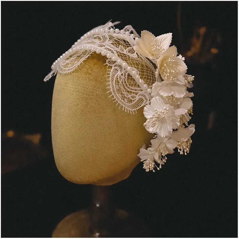Kopfbedeckungen FG0113A Spitze Threensional Schmetterling Handgemachte Blumenhaarband mit weißer Doppelschicht Perle Brautkleid Kopfbedeckung Drop De Dhdai