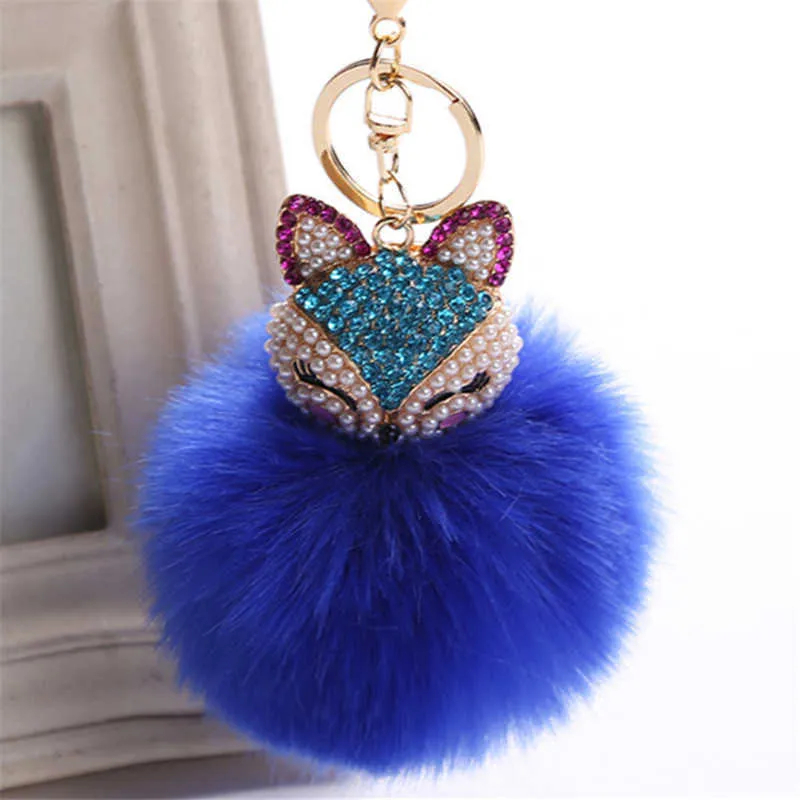 ◎NFF◎ fuzzy plated keyringblue 4602758 Fancy Fantasy Rabbit Keychain With 8cm Fur Ball, Fox Head