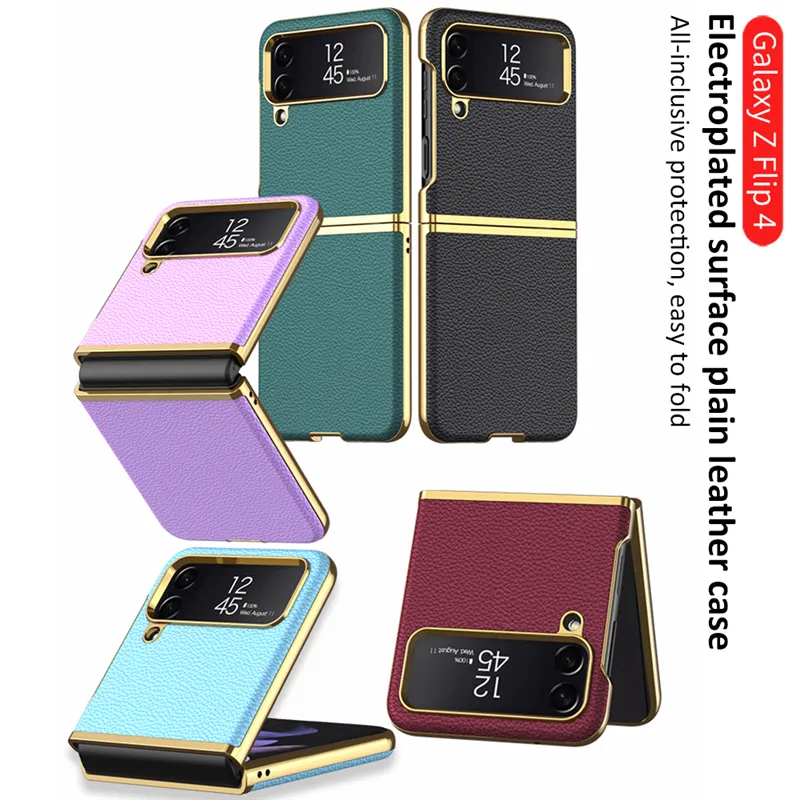 Luxury Solid Leather Vogue Phone Case för Samsung Galaxy Folding Z Flip4 5G Full Protective Soft Bumper Plating Business Fold Shell Supporting Wireless Charging