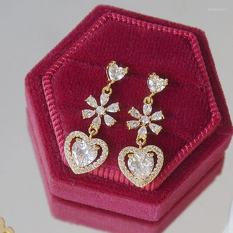 Pendientes colgantes grandes brillantes diamantes de imitación Zirconia corazón colgante estrella mujeres moda boda accesorios de joyería pendiente de perno romántico