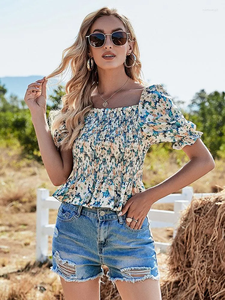 Blusas femininas sexy floral camisa elástica feminina verão gola quadrada moda manga curta camisas para mulheres 2023 casual dobras finas tops femme