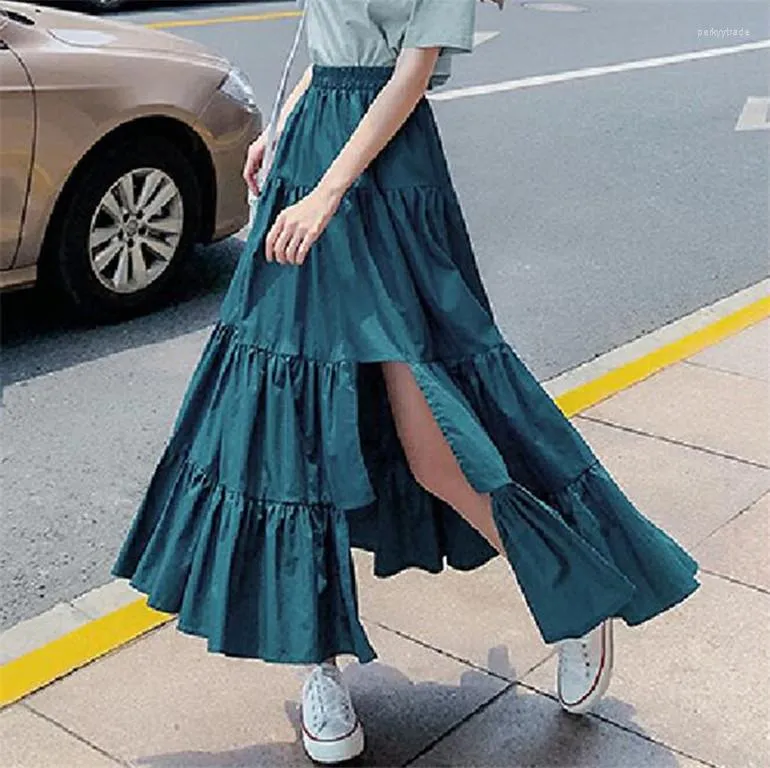 SKIRTS COREA estilo mulheres streetwear linen algodão de algodão ploleado longo