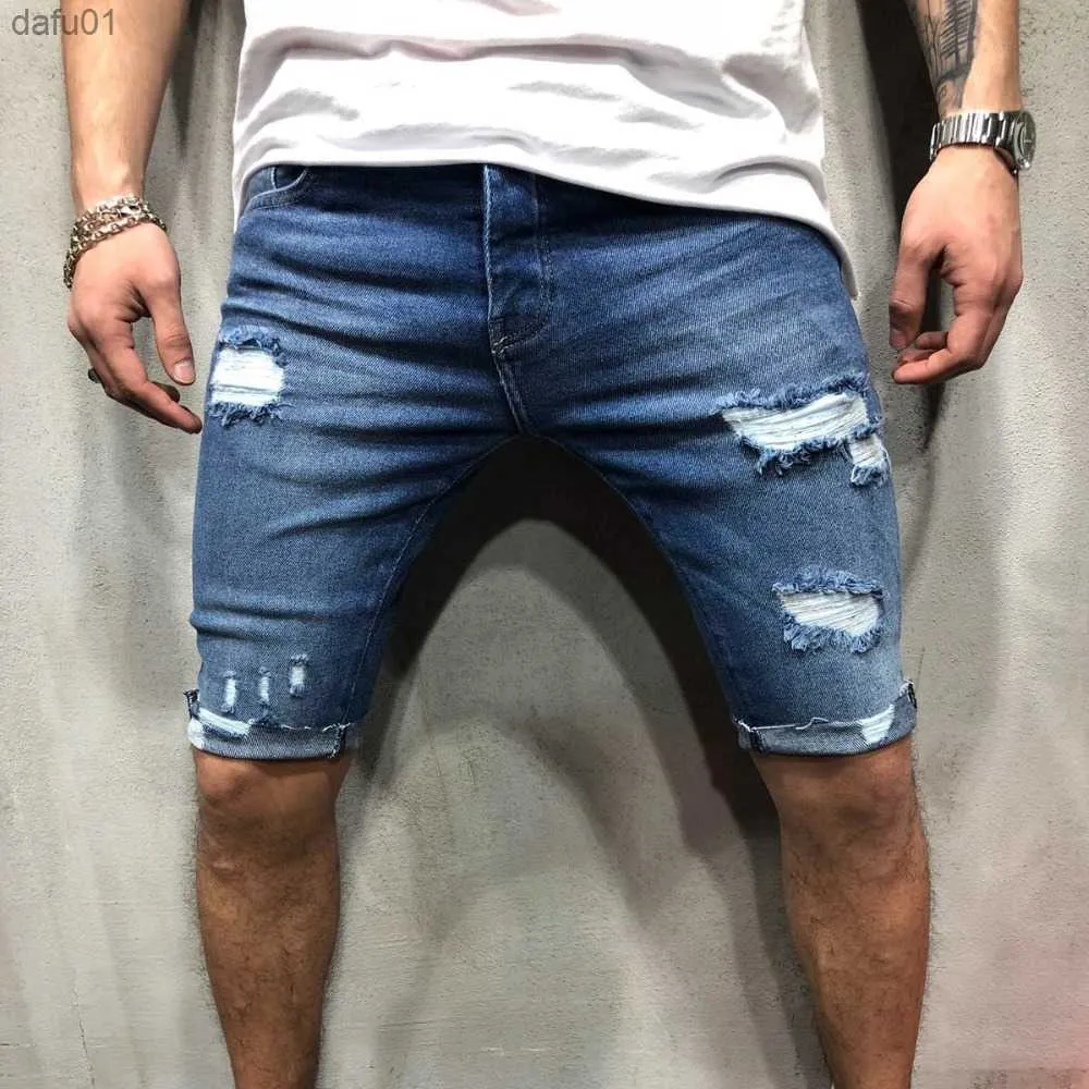 Мужские шорты New 2019 Summer Hole Denim Shorts Мужские джинсы шорты хип-хоп тонкие шорты Blue Light Blue S-3xl L230520