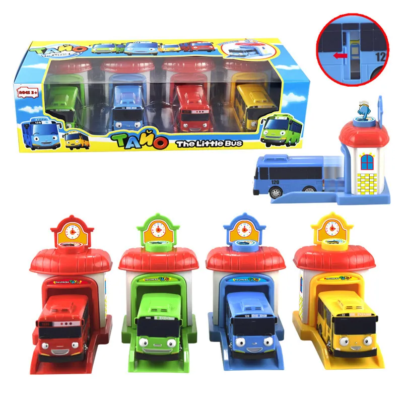 Diecast Model Car 4PCS/Set Scale Model Tayo The Little Bus Children Miniature Bus Baby Oyuncak Garage Tayo Bus Ejektion Impact Car Vehicle 230526