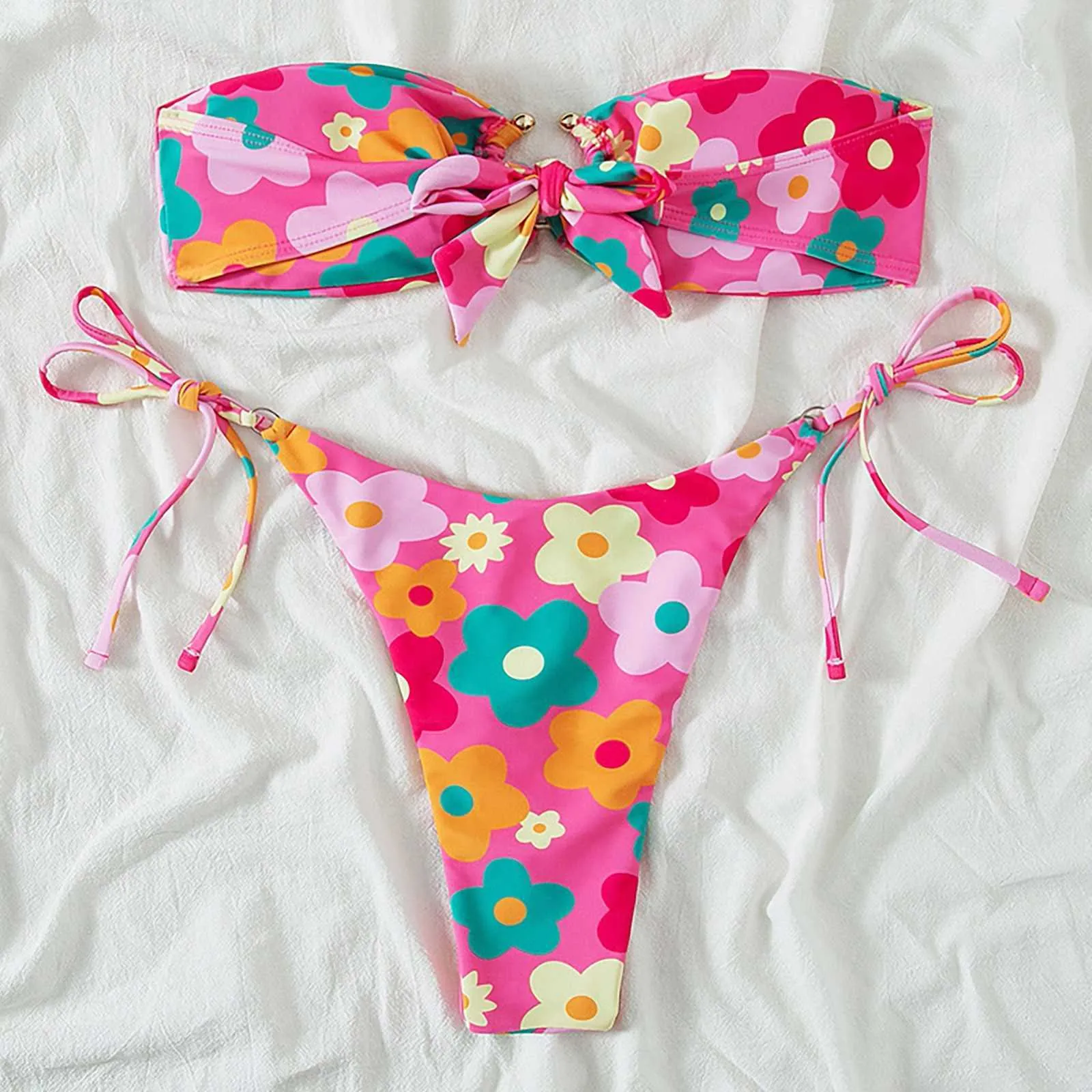 Badkläder sexig blommig bikini kvinnor rosa remmar låg midja badkläder baddräkt 2 stycken baddräkt biqiuni aa230529