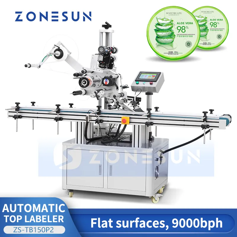 ZONESUN ZS-TB150P2 Automatische Flaschen-Etikettiermaschine für flache Oberflächen, selbstklebender Aufkleber-Etikettierer, Dosen-Etikettenspender für Waschmittelflaschen