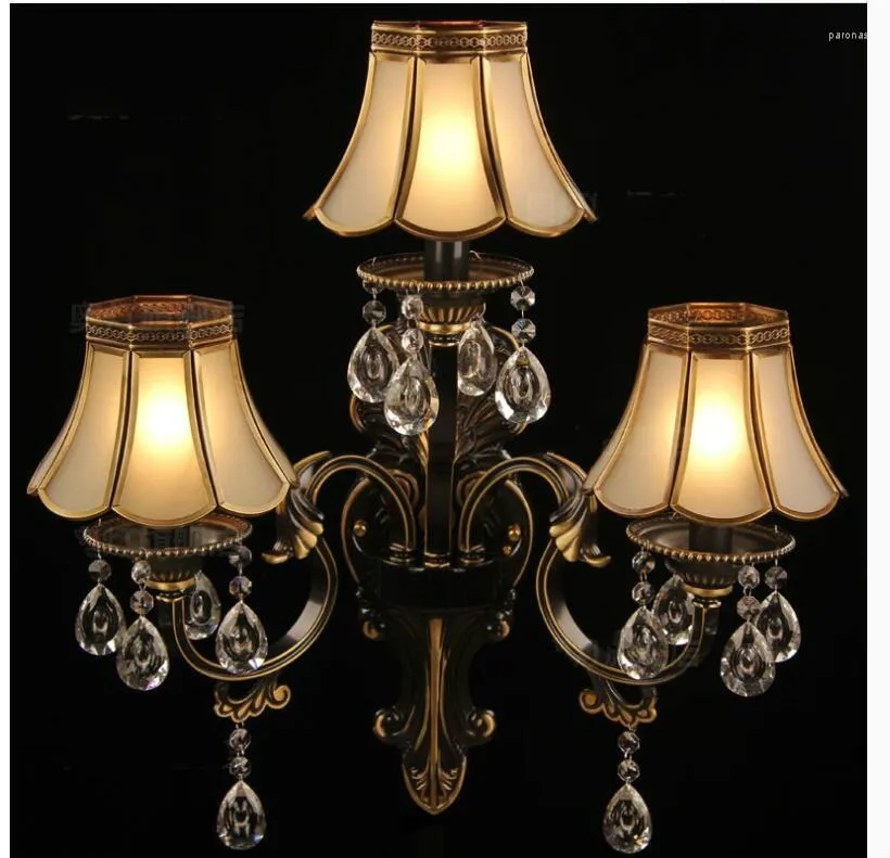 Wall Lamp European Copper Color 3arms W53cm H60cm LED Hallway Light Bedroom Bronze Glass Sconce AC E14 D
