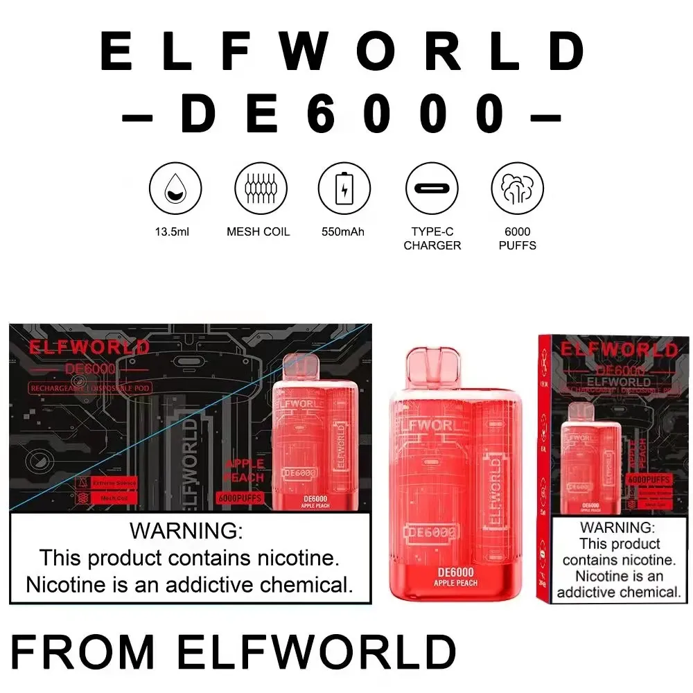 Direto da fábrica Elfworld DE6000 puffs Caneta Vape descartável Preço original de fábrica Cigarro eletrônico Mesh Coil Bateria recarregável Vários sabores para escolher