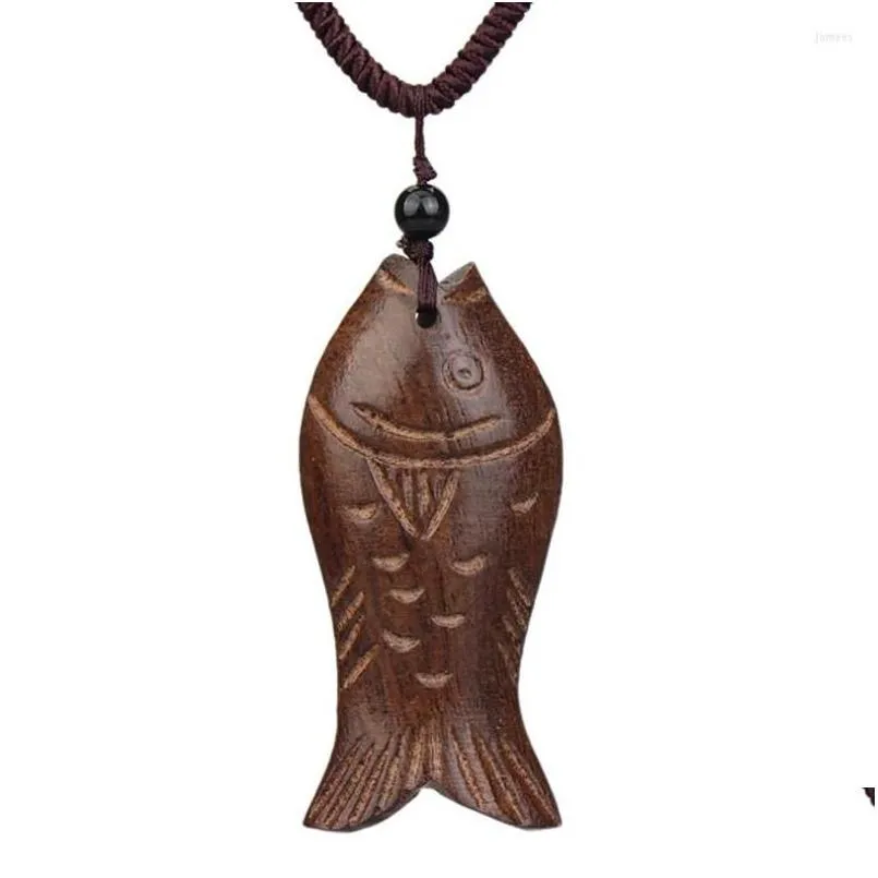 Colares pendentes madeira peixe sortudo marrom marrom e vintage cadeia de colar de couro 2023 ee entrega jóias pingentes de jóias dh36o