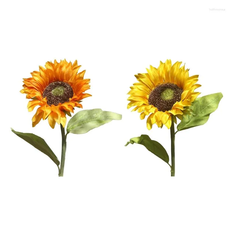 Decorative Flowers F2TE Artificial Sunflower With Stem And Leaves Single Head Fake Silk Flower