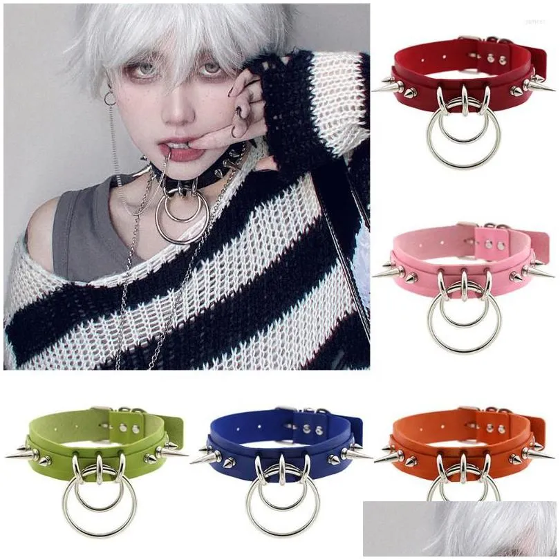 Chokers Choker Gothic Double Rings Spike Rivet Collar Necklaces For Women Slave Status Pu Punk Mens Chocker Necklace Kpop Jewelry Dr Dhedv