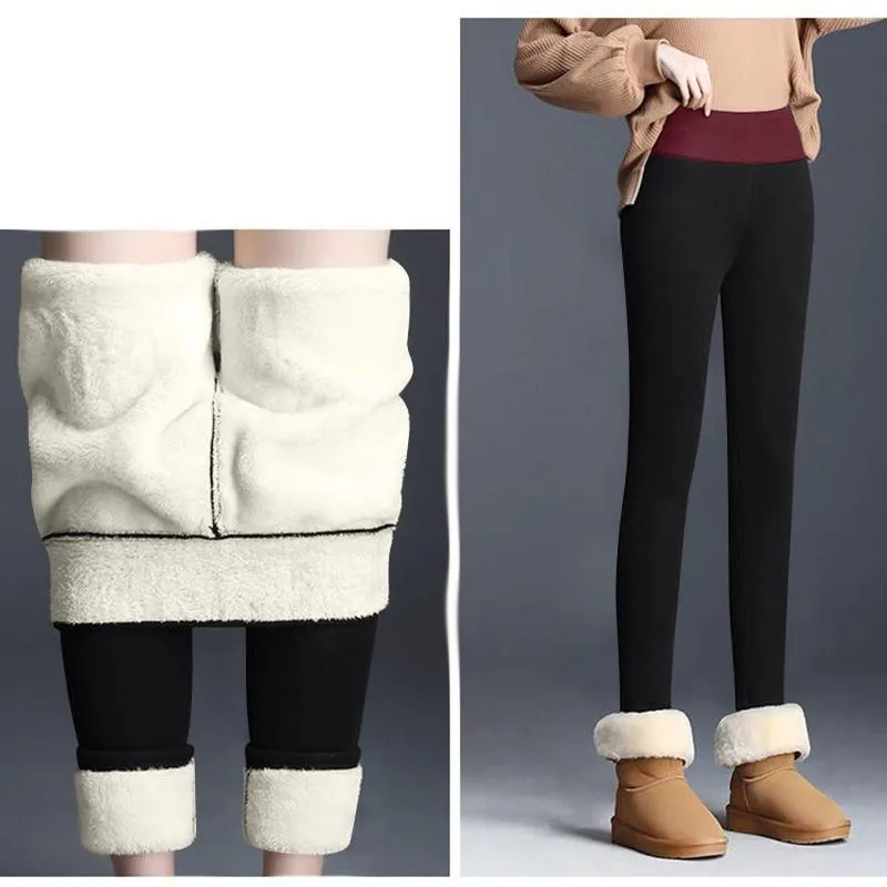 Kvinnors leggings vinterkvinnor håller varm färg lång smal hög elastisk tjockare stretchig midja basskikt byxor mager termiska