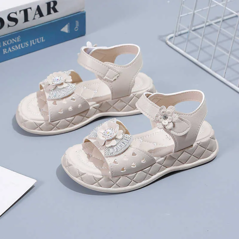 Sandaler Baby Girl Sandals Platform Flats Princess Summer Bowtie Rhinestone Shoes 21-36 Beige Pink Children Footwear Fashion