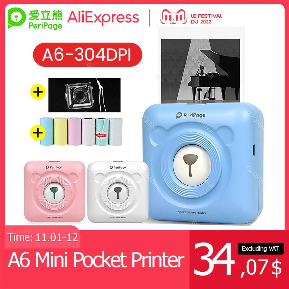 Printers PeriPage A6 304 Dpi Portable Thermal Photo Printer Mini Pocket Label Sticker Colorful Paper Rolls Wireless BT USB Phone Printing